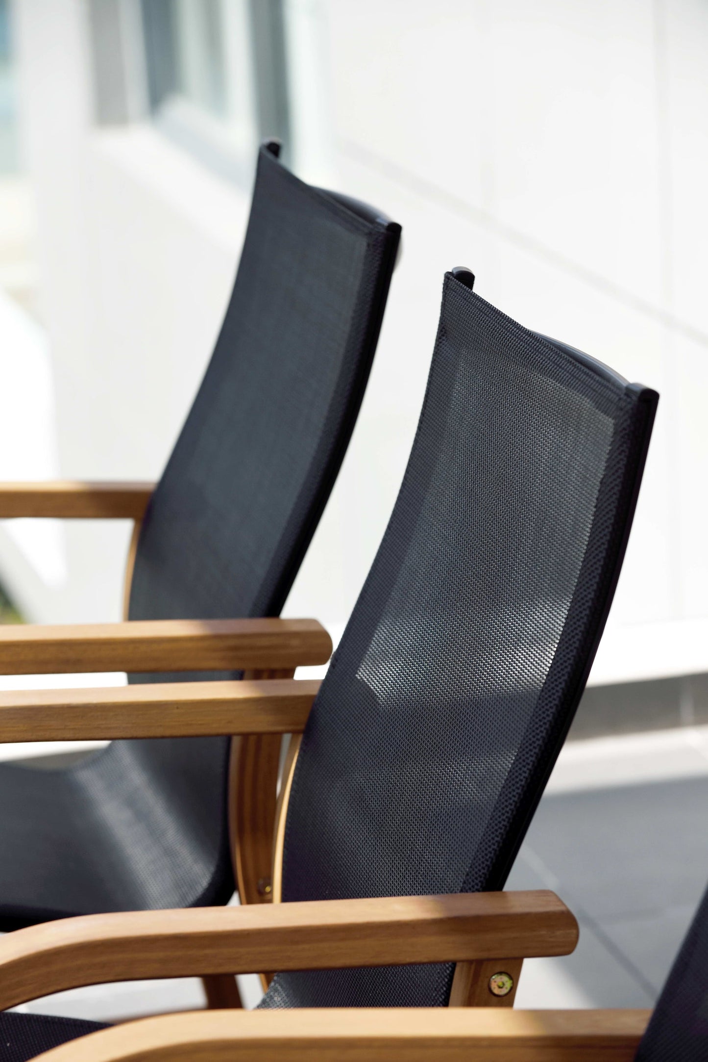 Rinjani dining table with 8 Manhattan black armchairs, mesh backs and wooden arms on Tampa Home & Garden Store