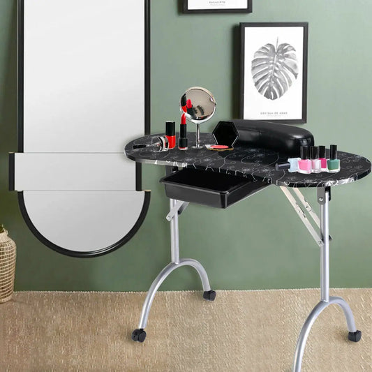 Foldable manicure table with drawer and wrist cushion, DirectDeals, black top, silver legs on Tampa Home & Garden Store