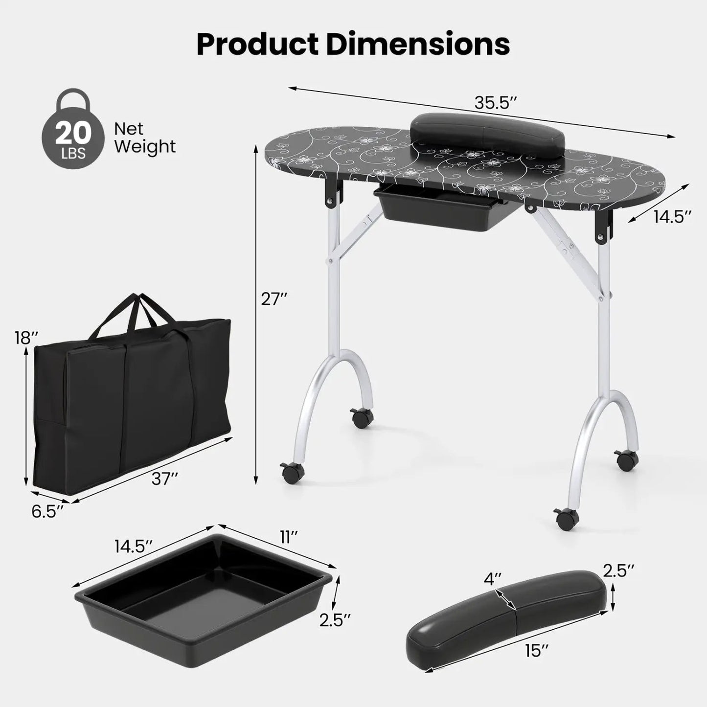 Foldable Manicure Table With Wrist Cushion