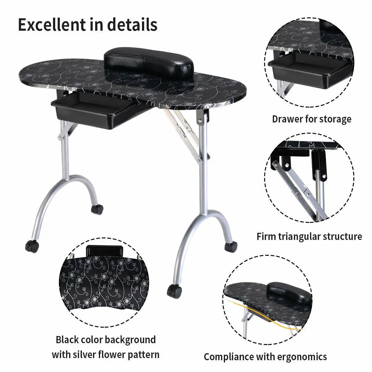Foldable Manicure Table With Wrist Cushion