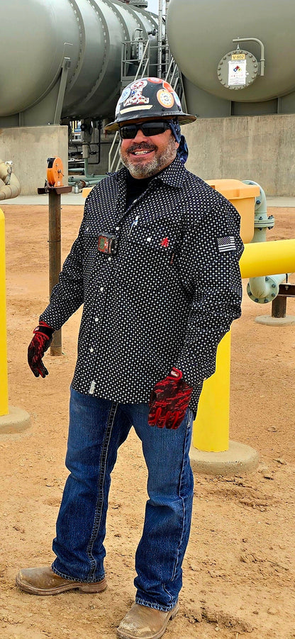 Static FR Pearl Snap Work Shirt Reaper Black with U.S. flag patch and star-like white pattern on Tampa Home & Garden Store