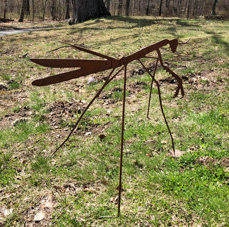 Praying Mantis garden stake by Rustica Ornamentals in rusted metal silhouette on stake on Tampa Home & Garden Store