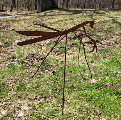 Praying Mantis garden stake by Rustica Ornamentals in rusted metal silhouette on stake on Tampa Home & Garden Store