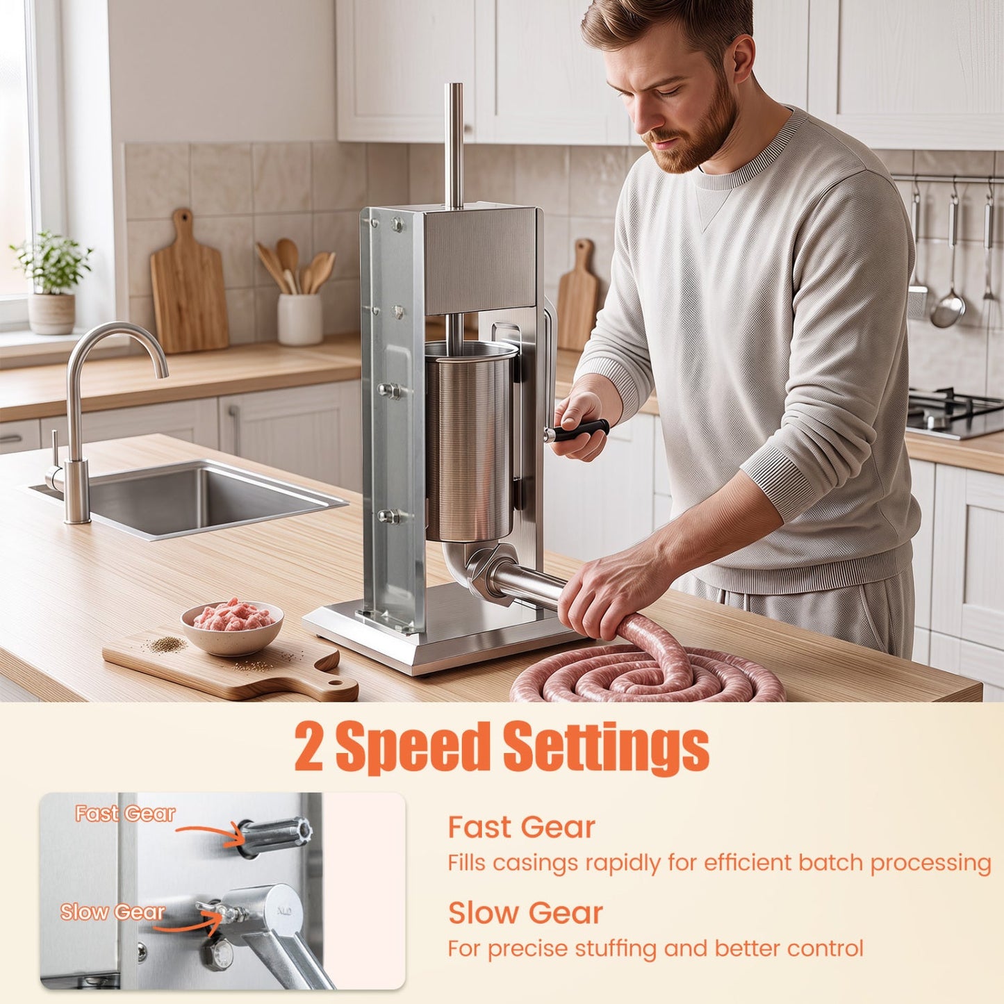 DirectDeals manual sausage stuffer with 4 tubes and 2 speeds in use, sausage coils on counter on Tampa Home & Garden Store