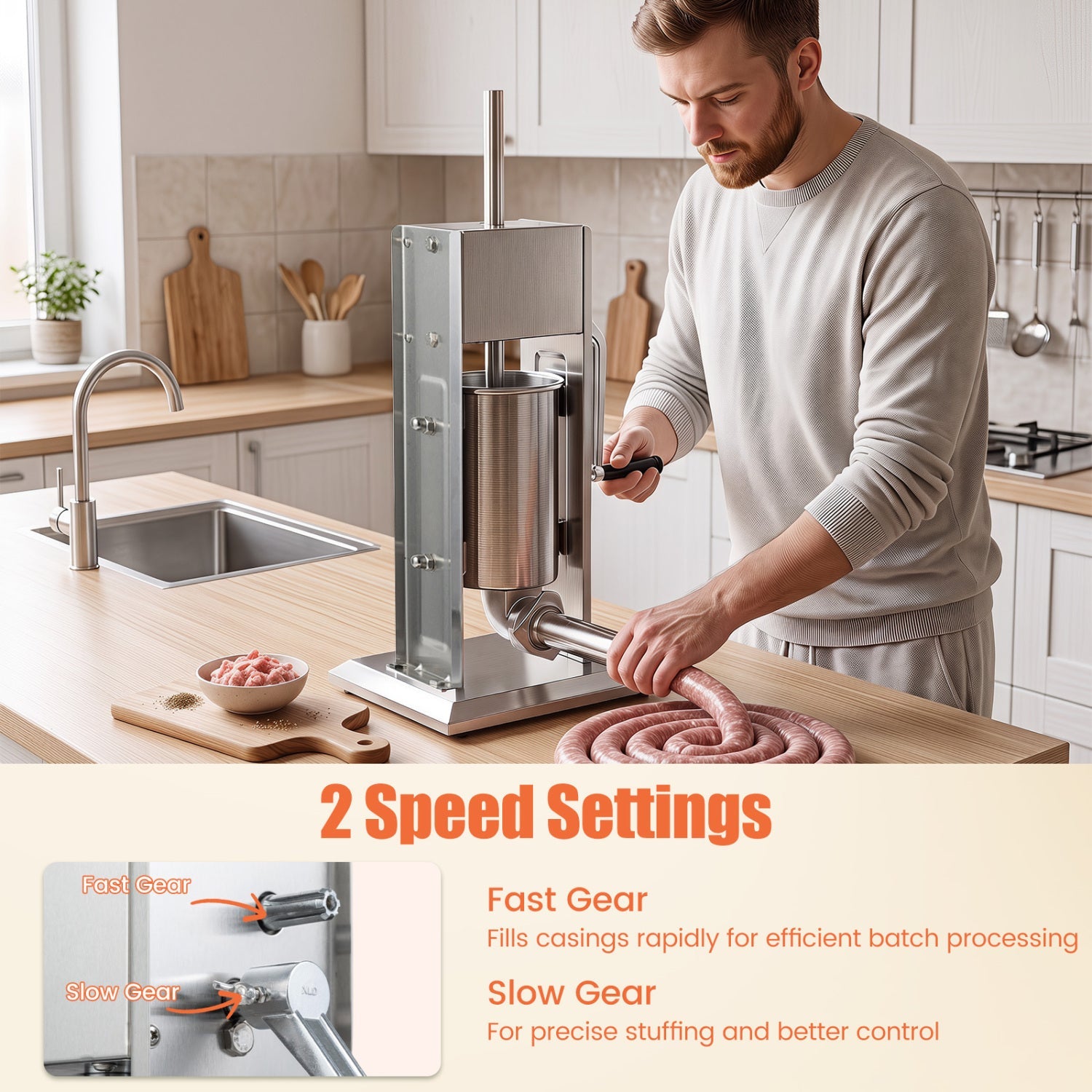 DirectDeals manual sausage stuffer with 4 tubes and 2 speeds in use, sausage coils on counter on Tampa Home & Garden Store