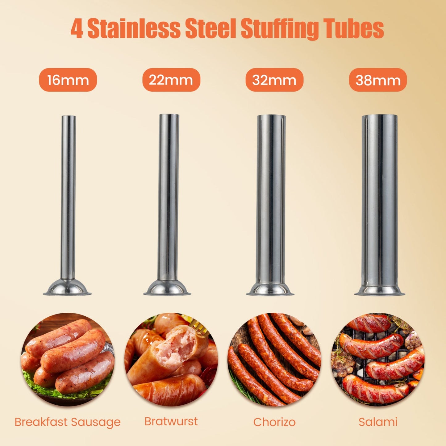 Manual sausage stuffer with 4 stainless steel tubes: 16mm, 22mm, 32mm, 38mm on Tampa Home & Garden Store