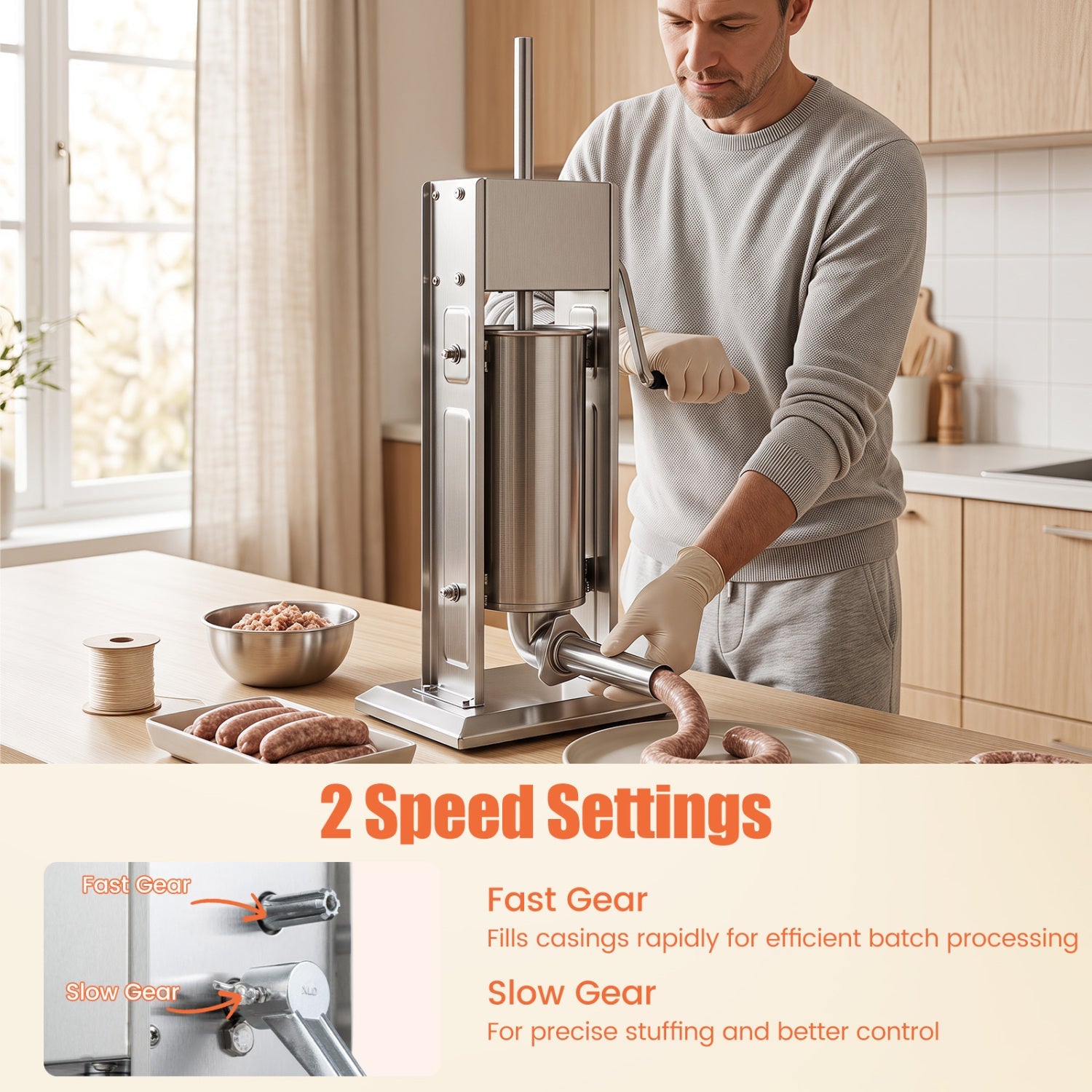 Manual sausage stuffer by DirectDeals, stainless steel with 4 tubes and dual speed lever on Tampa Home & Garden Store