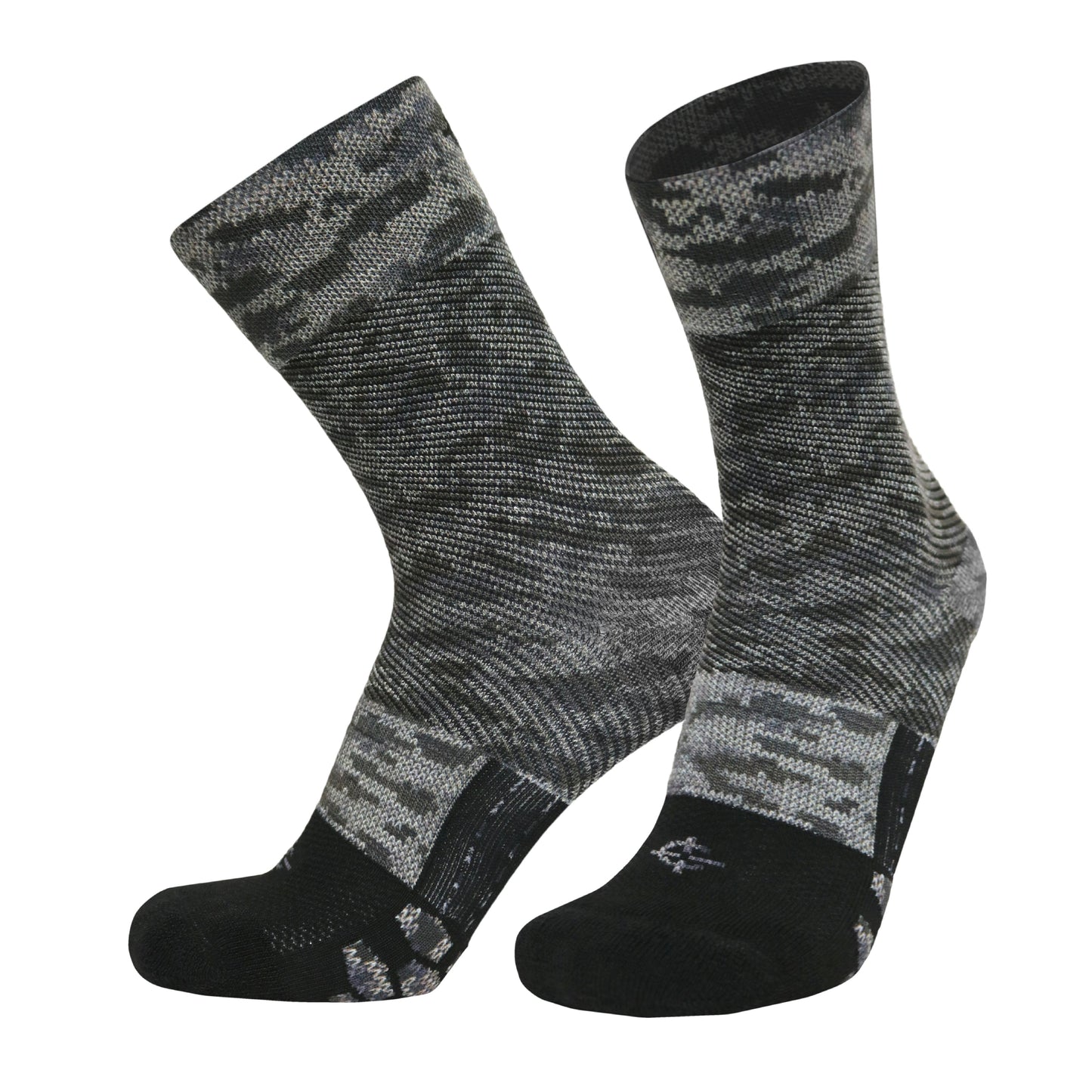 Marauder athletic running sock in black gray camouflage knit pattern, two socks shown on Tampa Home & Garden Store