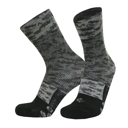 Marauder athletic running sock in black gray camouflage knit pattern, two socks shown on Tampa Home & Garden Store