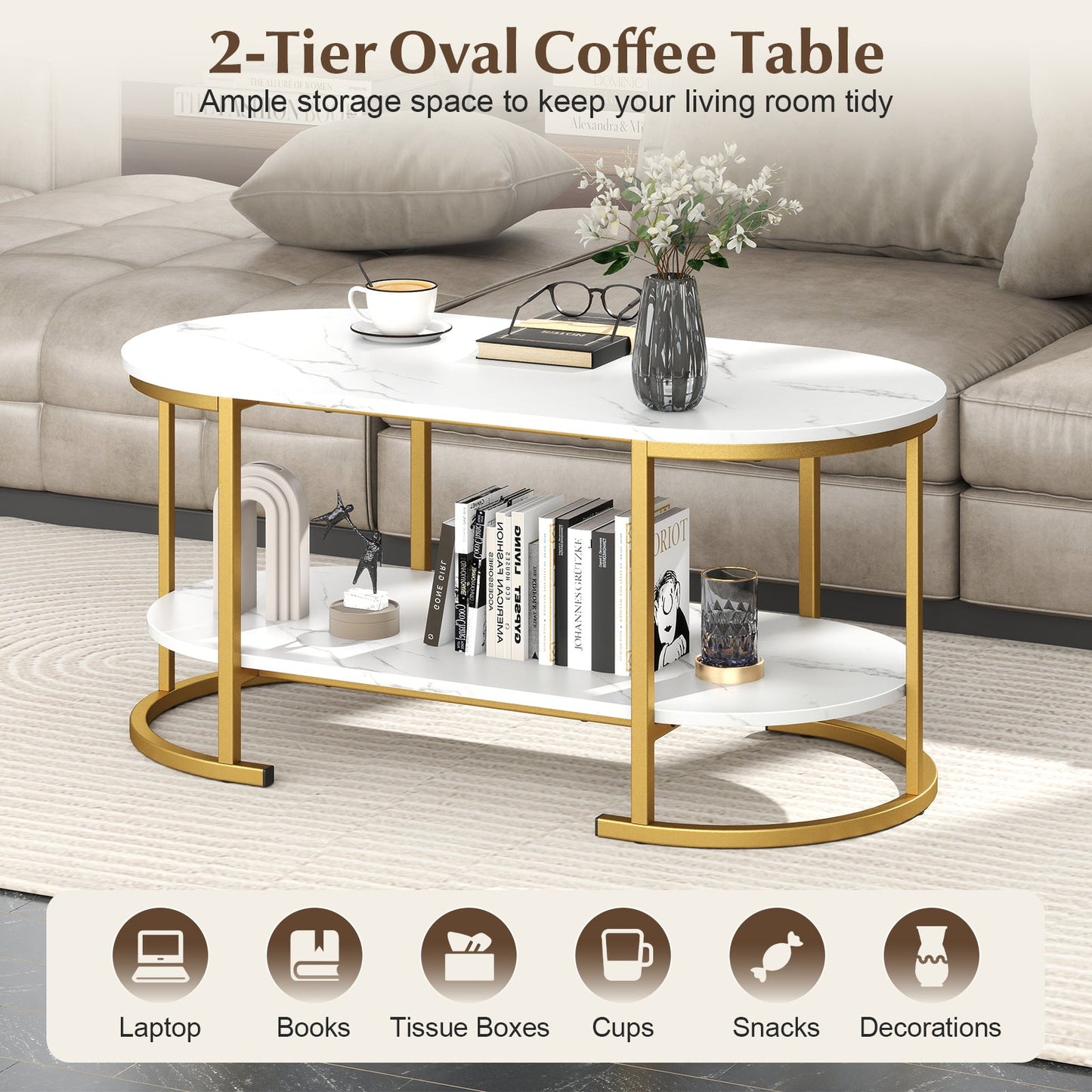 Marble Coffee Table with Open Storage Shelf
