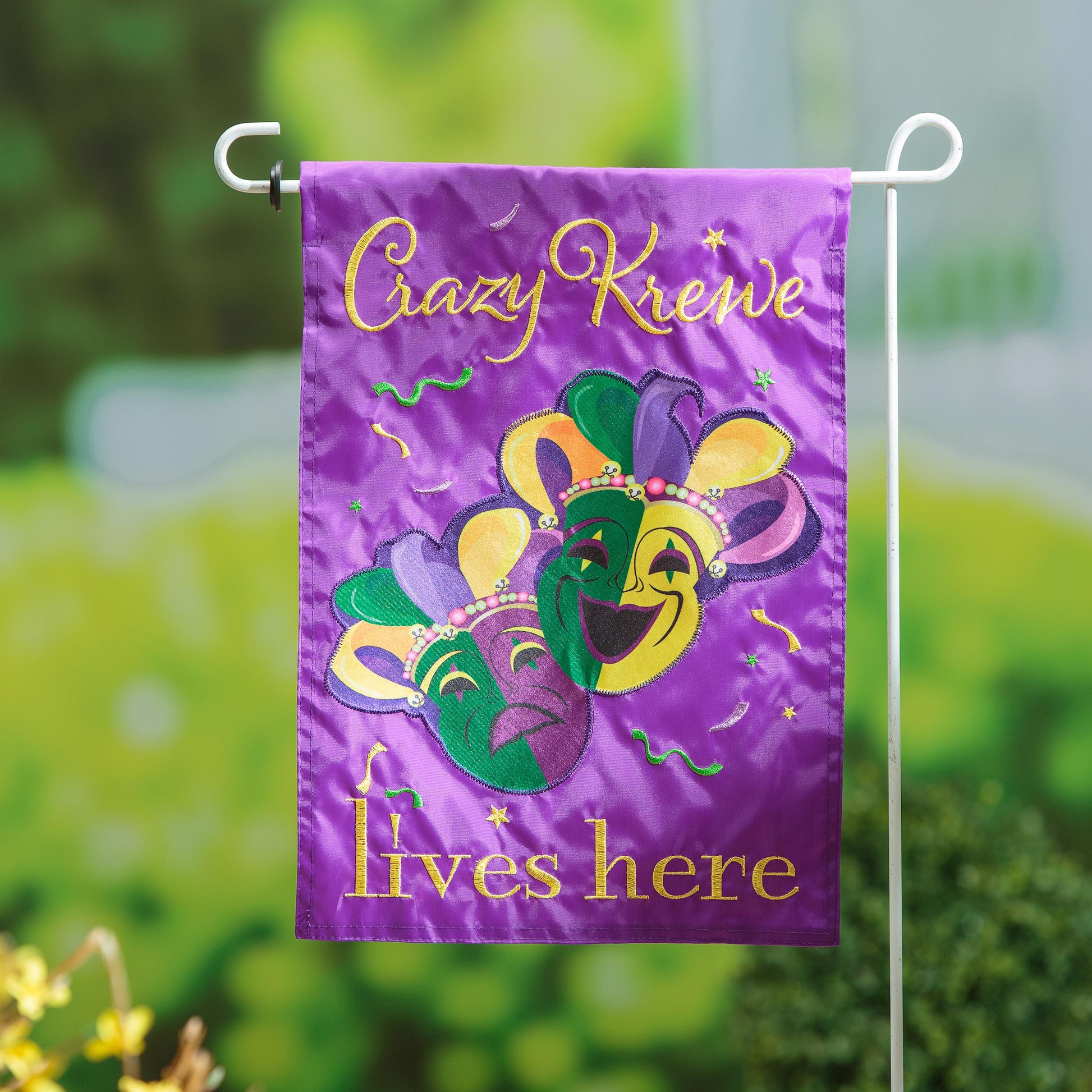Mardi Gras Crazy Krewe Lives Here Applique Garden Flag - Tampa Home & Garden Store
