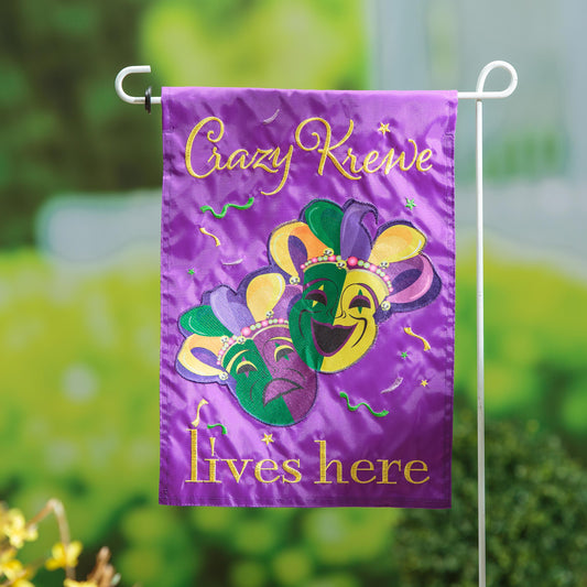 Mardi Gras Crazy Krewe Lives Here Applique Garden Flag - Tampa Home & Garden Store