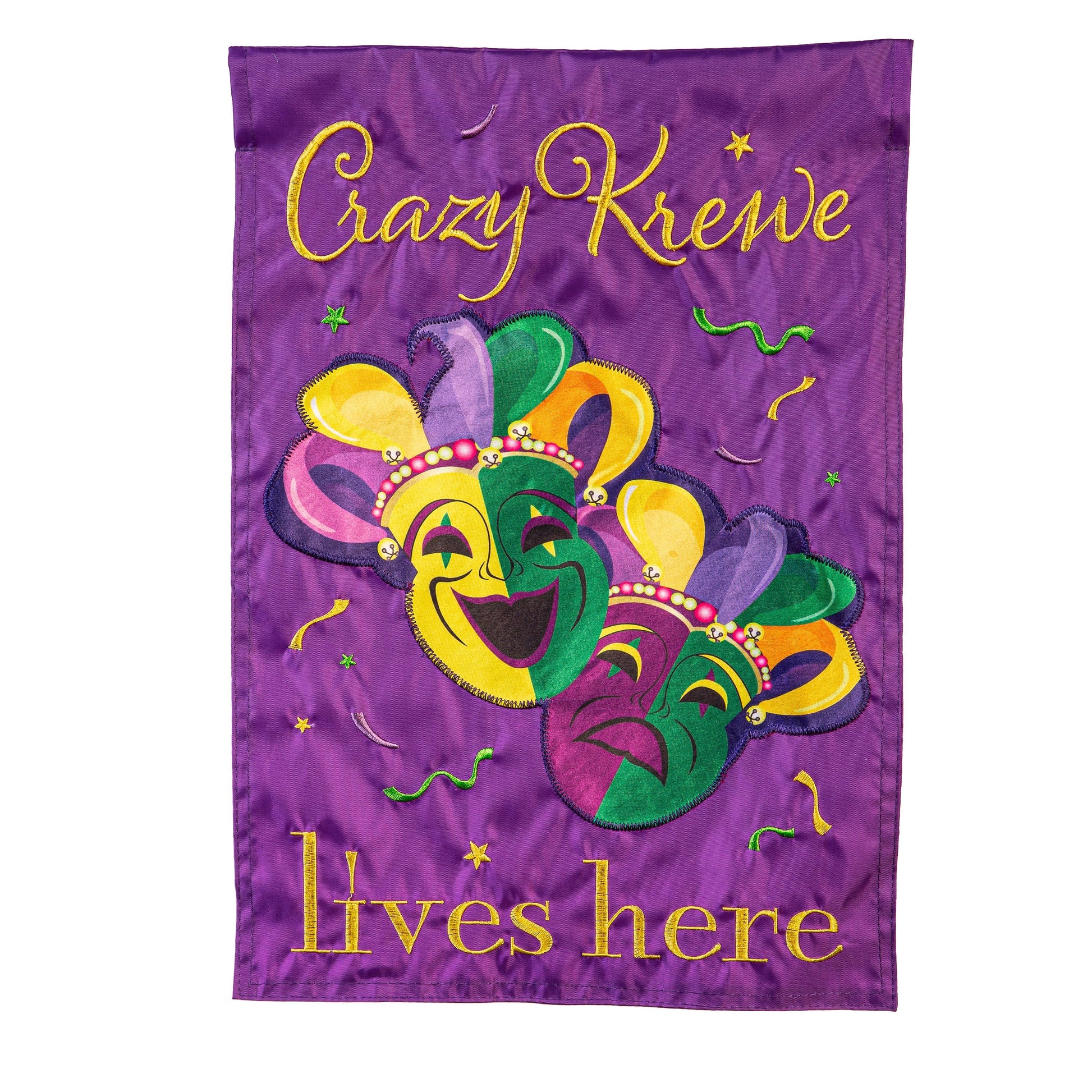Mardi Gras Crazy Krewe Lives Here Applique Garden Flag - Tampa Home & Garden Store