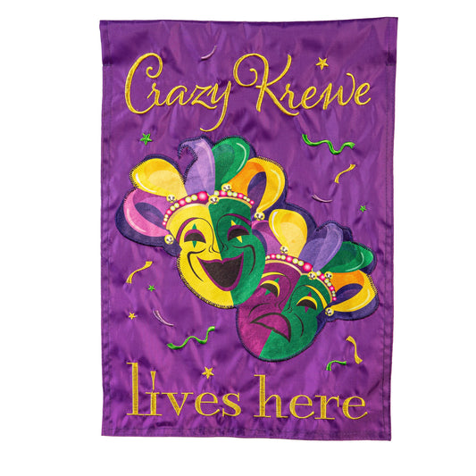 Mardi Gras Crazy Krewe Lives Here Applique Garden Flag - Tampa Home & Garden Store