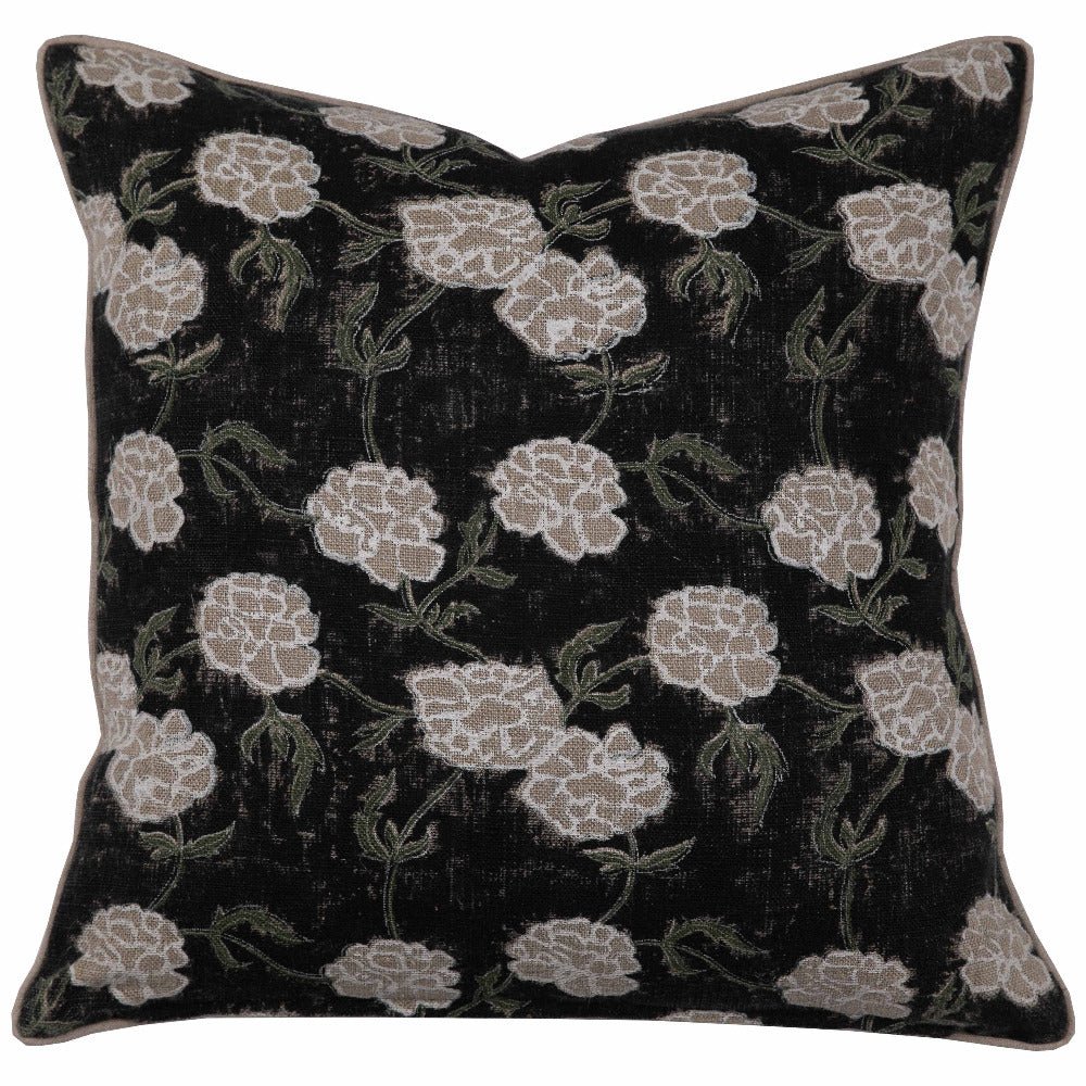 Maria Linen Floral Throw Pillow Cover, Noir - Tampa Home & Garden Store