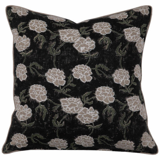 Maria Linen Floral Throw Pillow Cover, Noir - Tampa Home & Garden Store