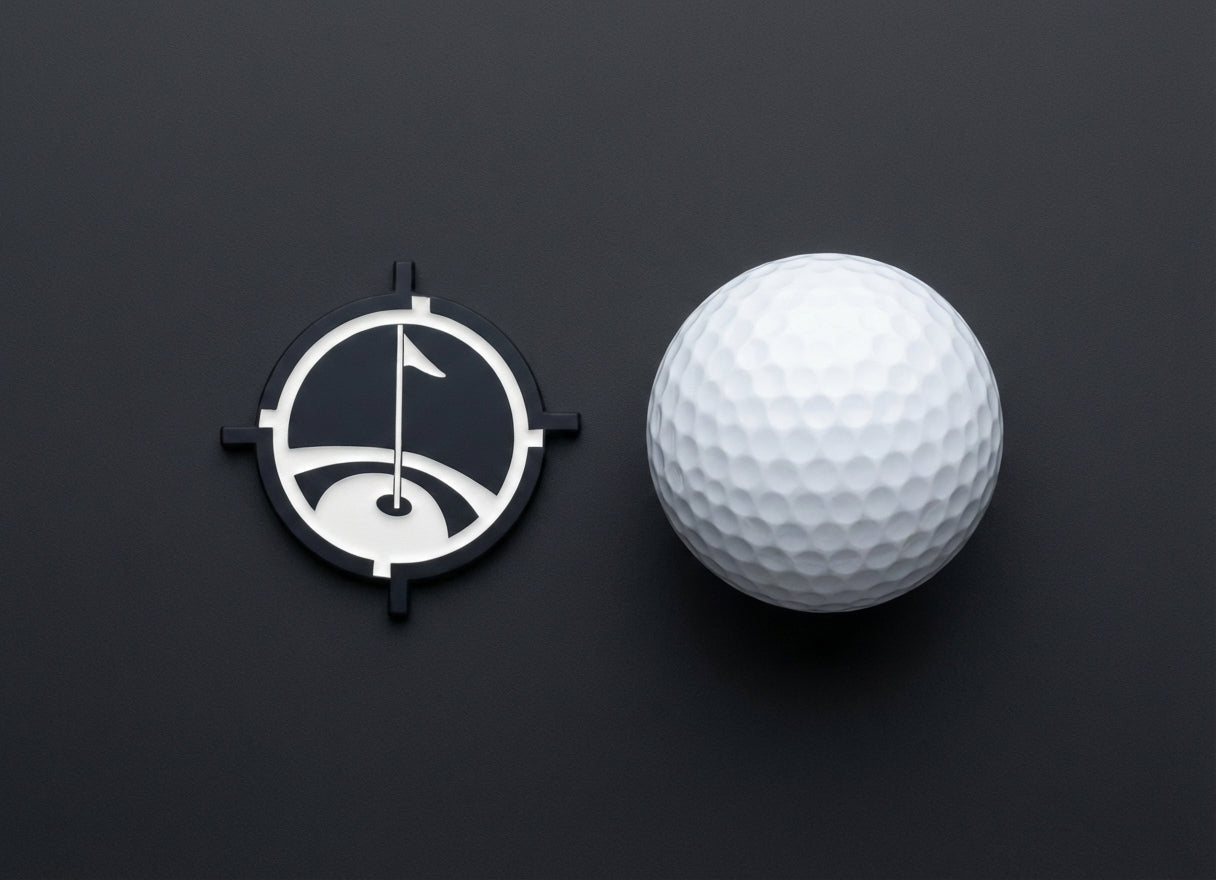 Premium Magnetic Metal Golf Ball Marker with black round frame beside a white golf ball on Tampa Home & Garden Store