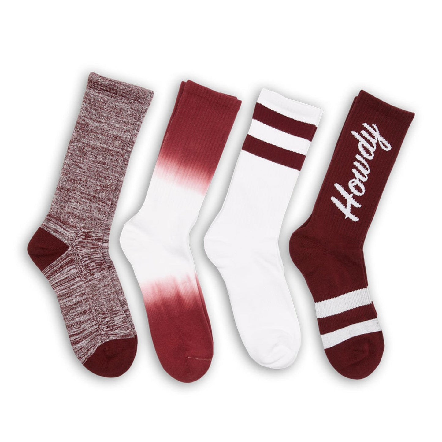DeadSoxy maroon crew socks 4-pack in team colorways with heathered and striped styles on Tampa Home & Garden Store