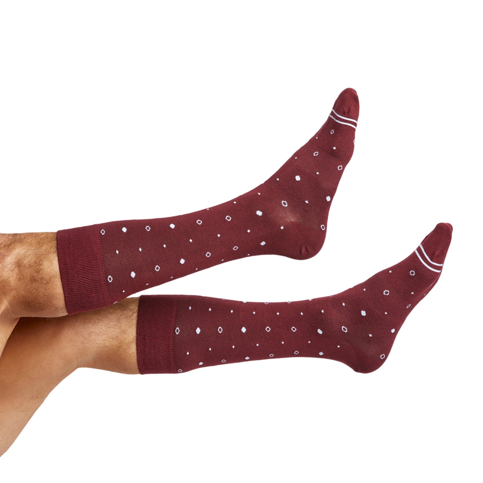 Maroon mixed 4-pack socks by DeadSoxy, two shown with white dot pattern and cuff stripes on Tampa Home & Garden Store