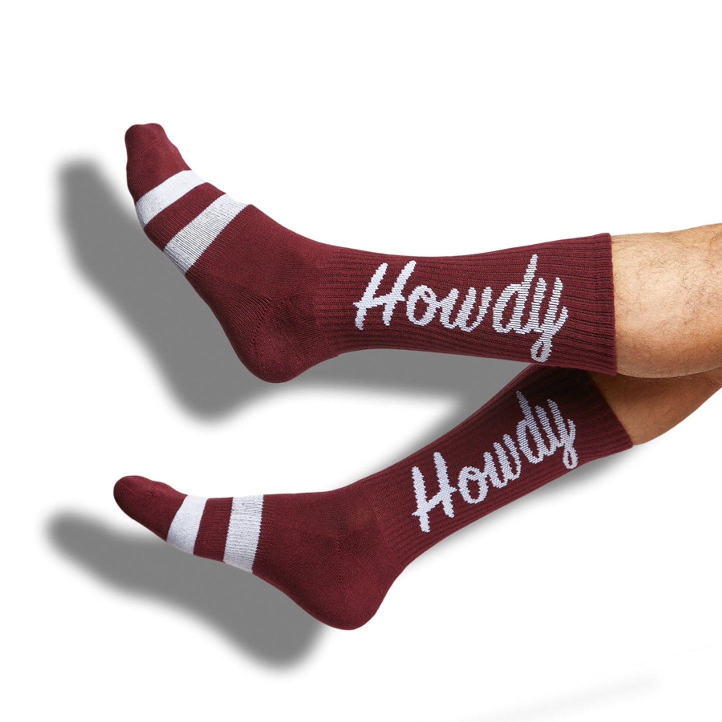 Maroon DeadSoxy crew socks, team colorway with white stripes, 2 shown on Tampa Home & Garden Store