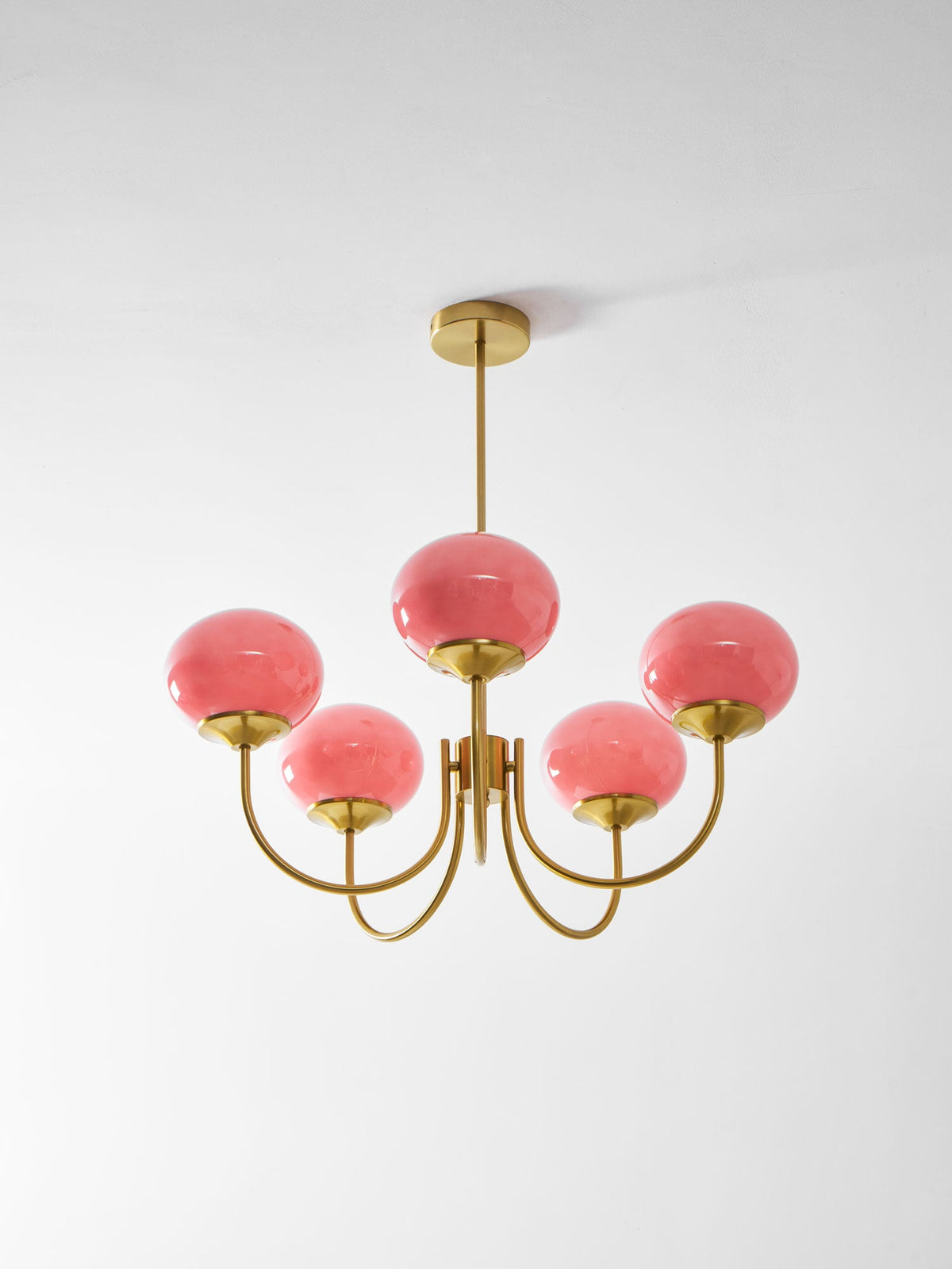 Marshmallow modern glass bubble chandelier by Moktan Sabai with pink shades brass hardware on Tampa Home & Garden Store