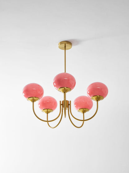 Marshmallow modern glass bubble chandelier by Moktan Sabai with pink shades brass hardware on Tampa Home & Garden Store