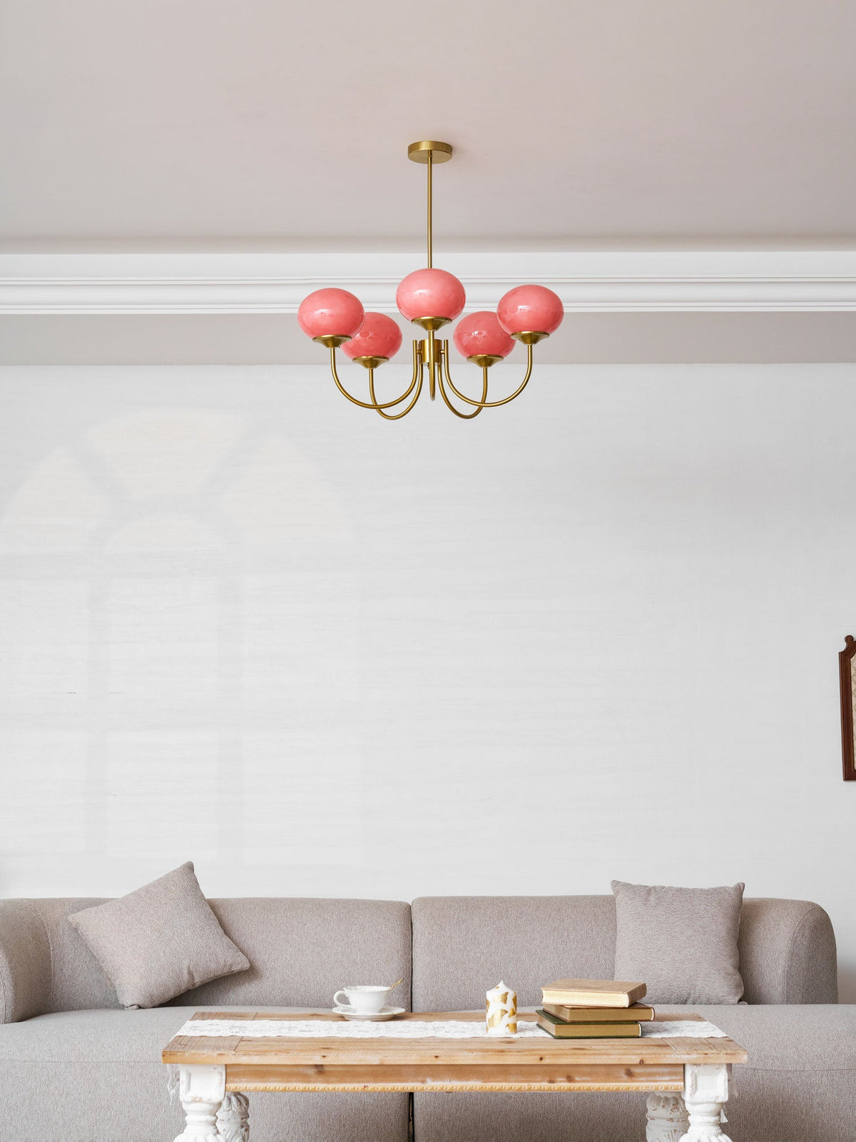 Marshmallow chandelier with pink glass bubbles, five brass arms by Moktan Sabai on Tampa Home & Garden Store