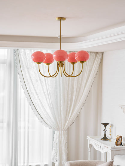 Chandelier Marshmallow Moktan Sabai with pink glass bubble shades and brass arms on Tampa Home & Garden Store