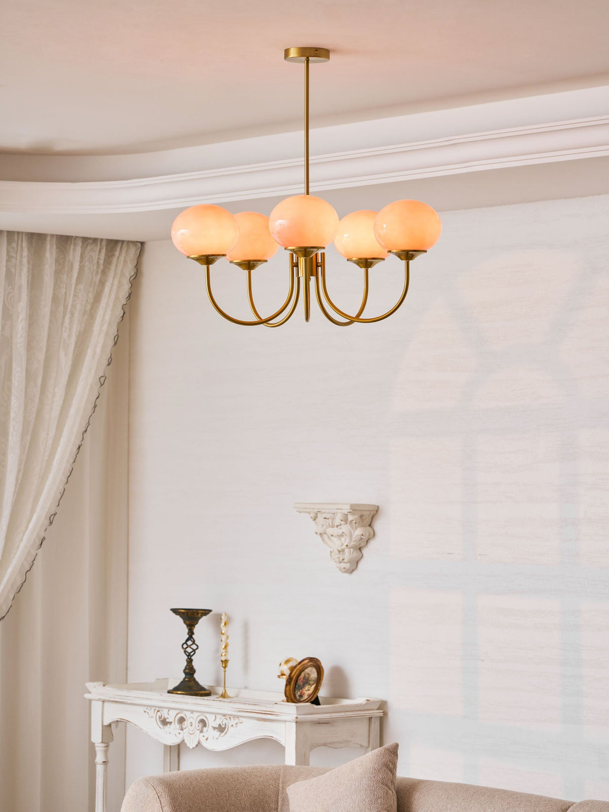 Chandelier Marshmallow modern glass bubble with 5 hand-sprayed pink shades and brass arms on Tampa Home & Garden Store
