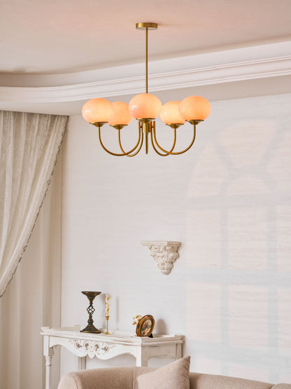 Chandelier Marshmallow modern glass bubble with 5 hand-sprayed pink shades and brass arms on Tampa Home & Garden Store