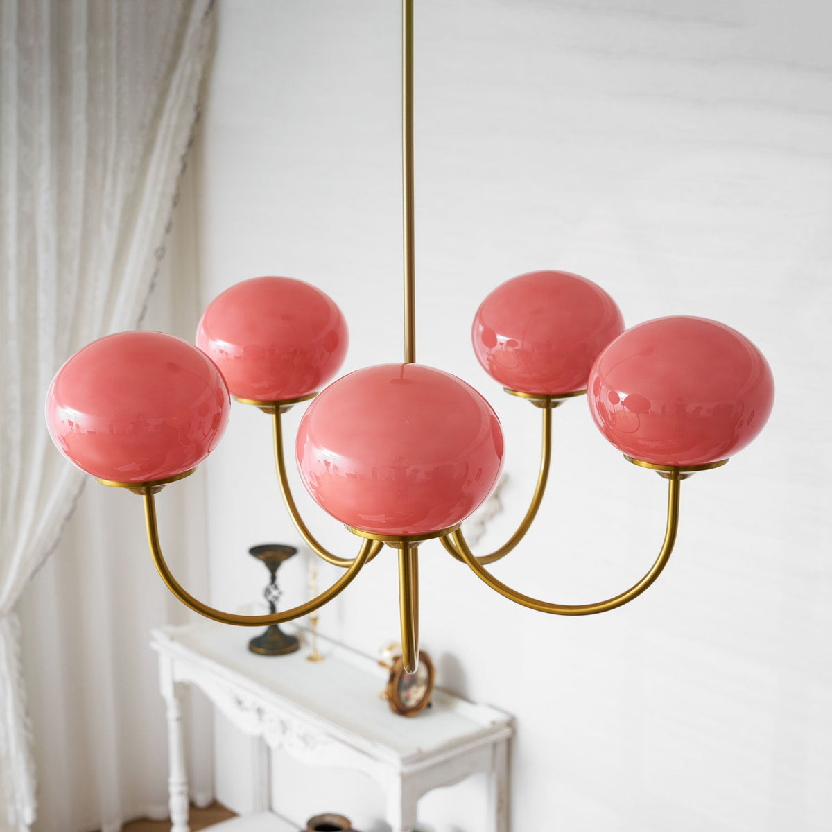 Chandelier Marshmallow with pink hand-sprayed glass bubbles on brass frame Moktan Sabai on Tampa Home & Garden Store