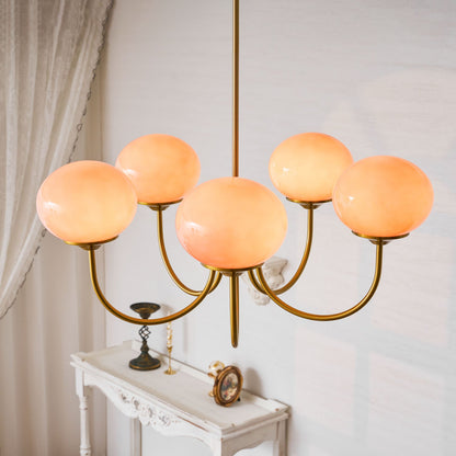 Chandelier Moktan Sabai modern glass bubble with five hand-sprayed pink shades in brass finish on Tampa Home & Garden Store