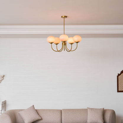 Chandelier Moktan Sabai Marshmallow pink glass bubble shades with brass six-arm design on Tampa Home & Garden Store