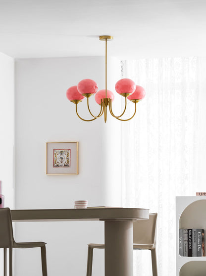 Chandelier Marshmallow by Moktan Sabai: brass arms with five pink hand-sprayed glass bubbles on Tampa Home & Garden Store