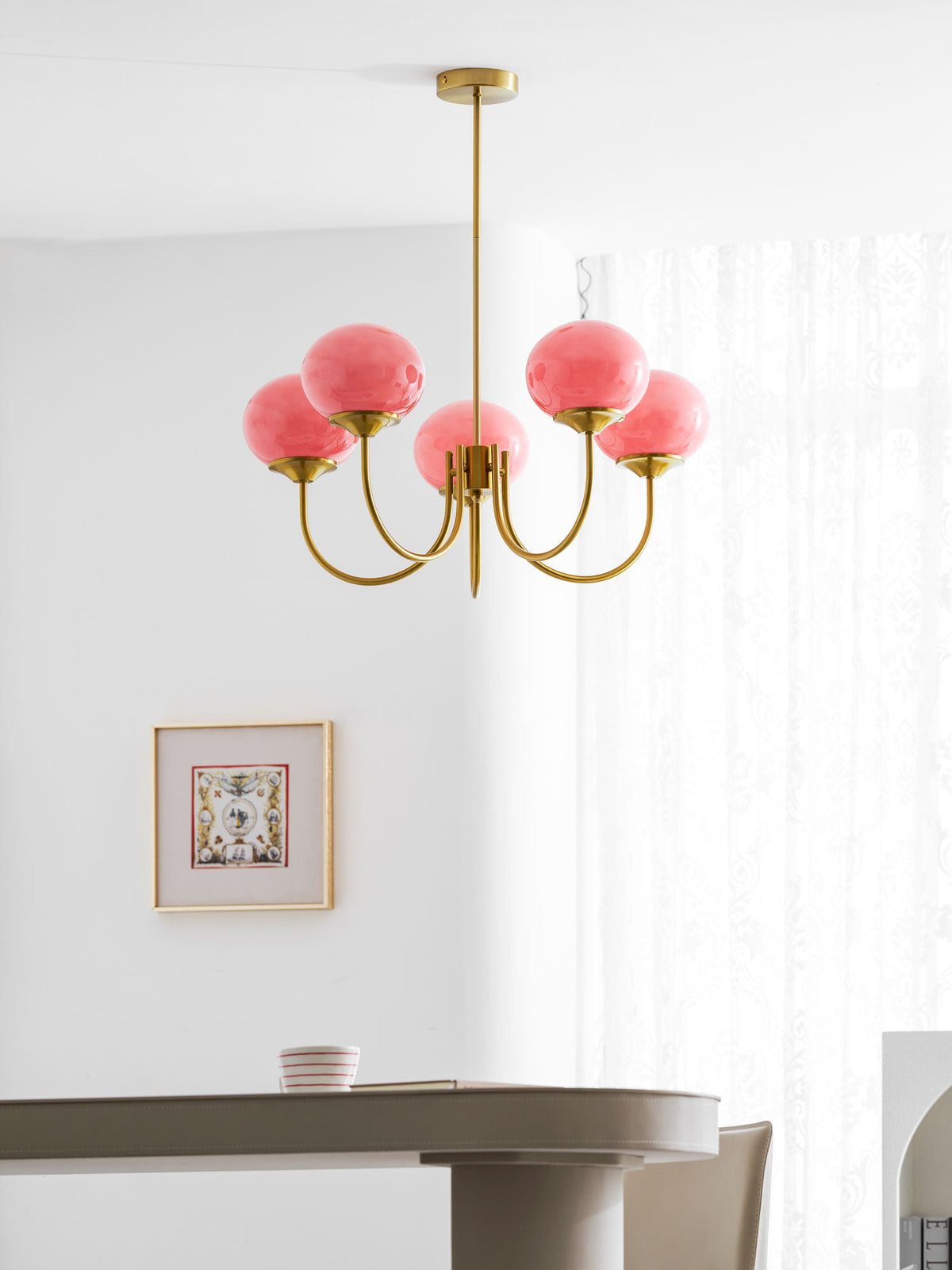 Chandelier Moktan Sabai brass six-arm glass bubble with hand-sprayed pink shades on Tampa Home & Garden Store