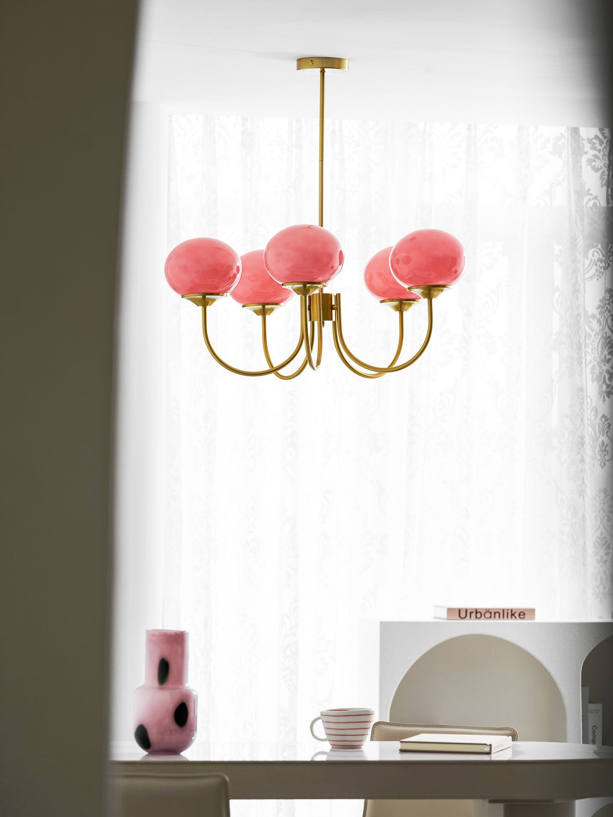 Chandelier Marshmallow: modern glass bubble with hand-sprayed pink shades, brass frame, 5 globes on Tampa Home & Garden Store