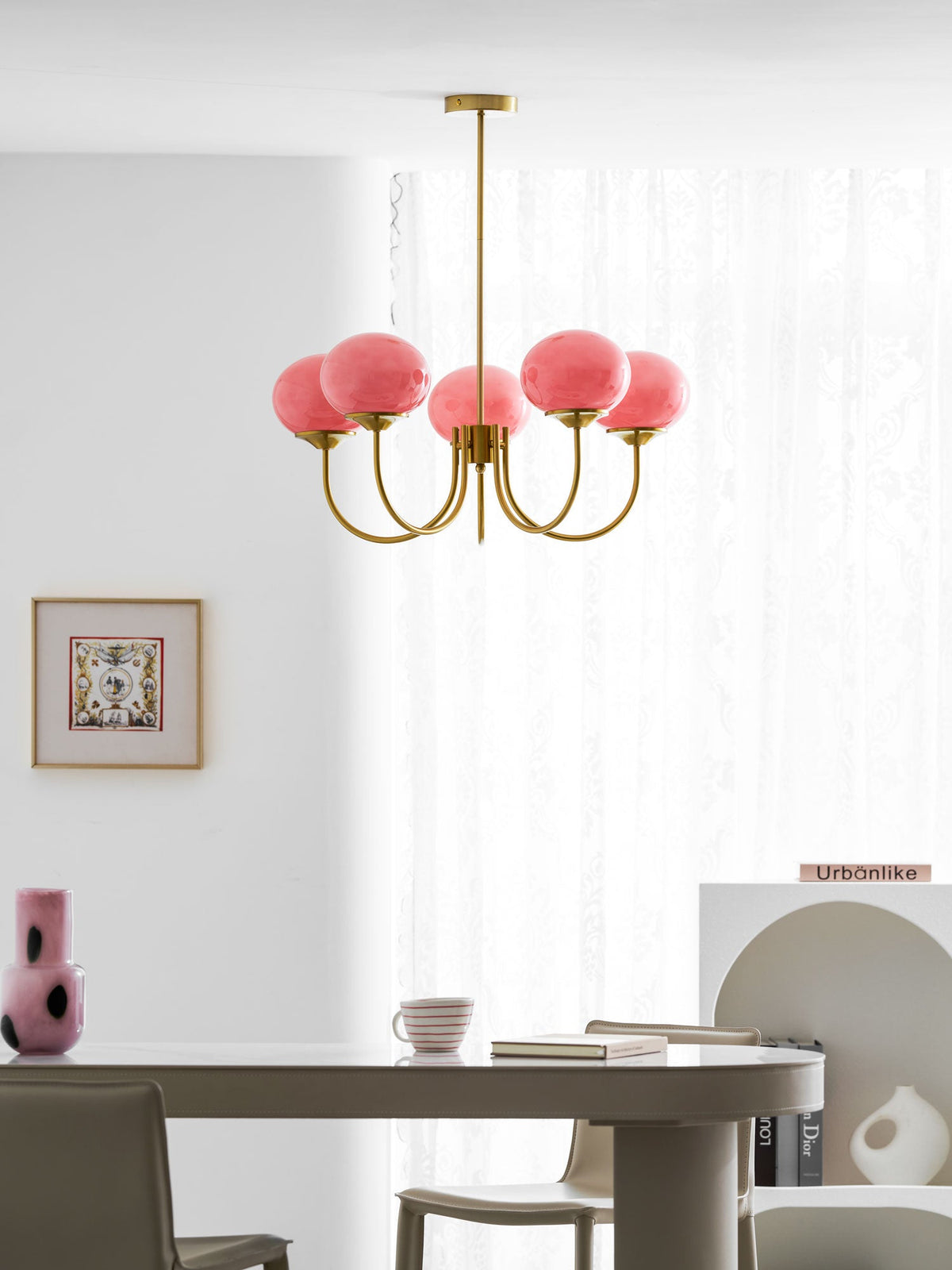 Chandelier Marshmallow glass bubble with pink hand-sprayed shades in brass by Moktan Sabai on Tampa Home & Garden Store