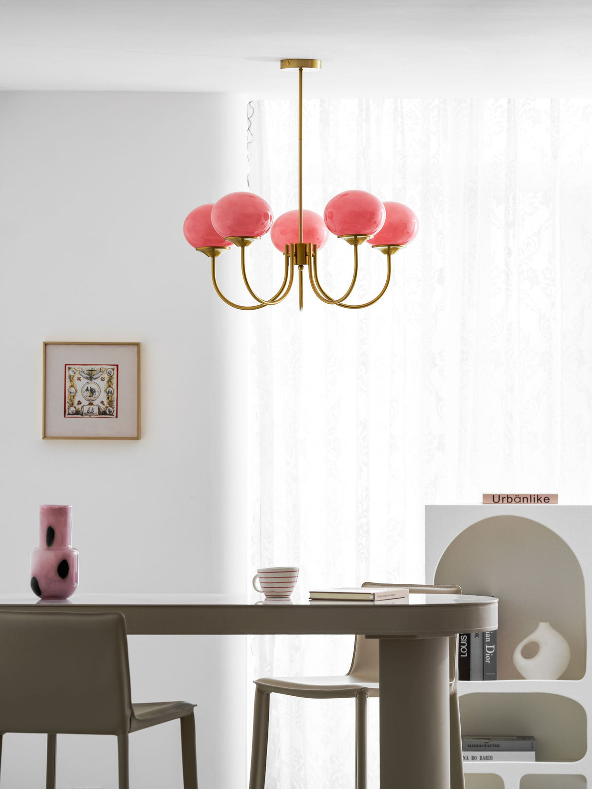 Chandelier Marshmallow by Moktan Sabai with pink hand-sprayed glass bubbles on brass arms on Tampa Home & Garden Store