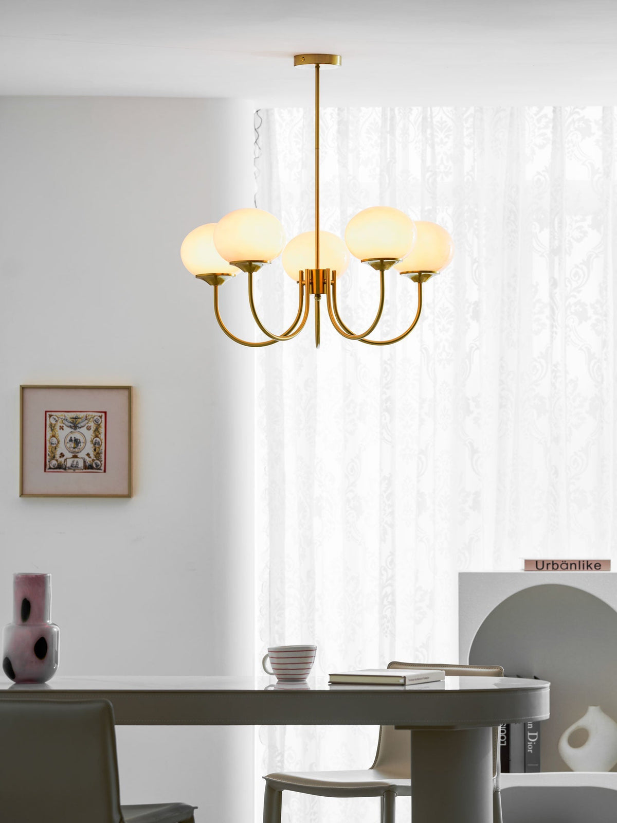 Marshmallow chandelier with gold-tone frame and pink hand-sprayed glass bubble shades on Tampa Home & Garden Store