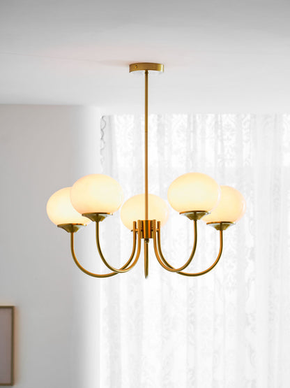 Chandelier Marshmallow by Moktan Sabai with pink shades, glass bubbles, brass finish, 8 globes on Tampa Home & Garden Store