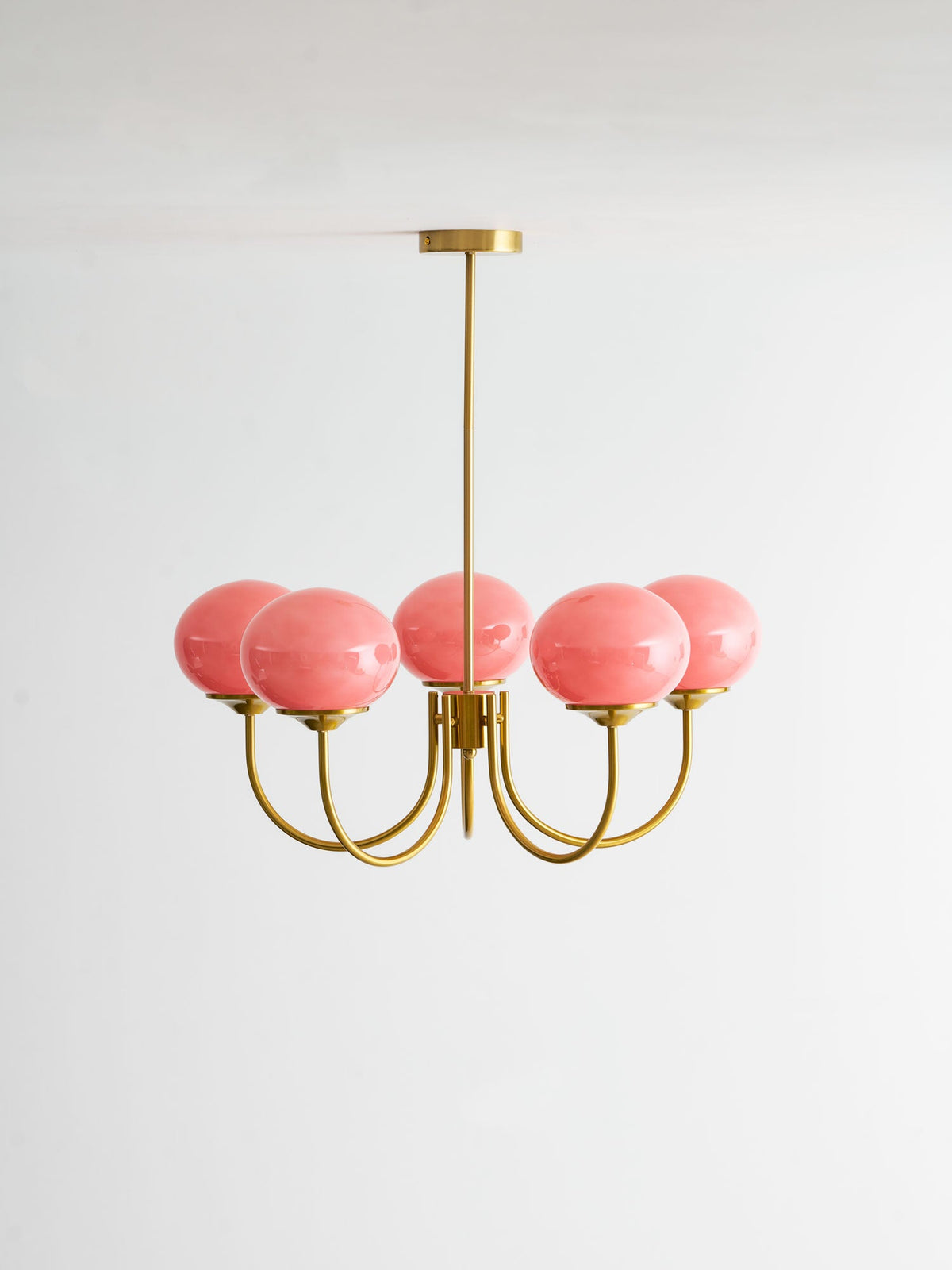 Marshmallow Chandelier glass bubble shades in hand-sprayed pink, brass finish Moktan Sabai on Tampa Home & Garden Store