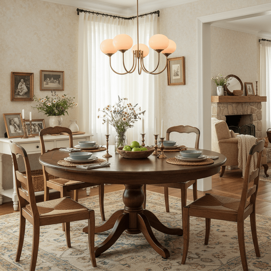 Marshmallow glass bubble chandelier with pink shades over round dining table in a cozy room on Tampa Home & Garden Store