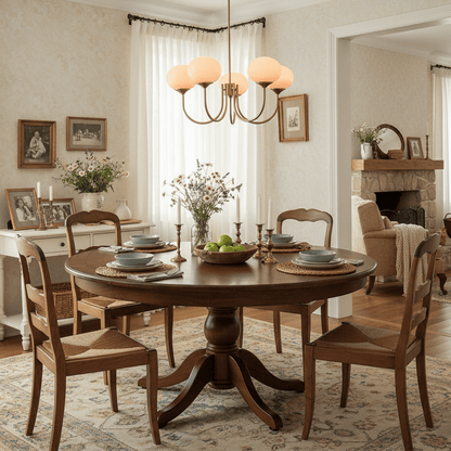 Marshmallow glass bubble chandelier with pink shades over round dining table in a cozy room on Tampa Home & Garden Store