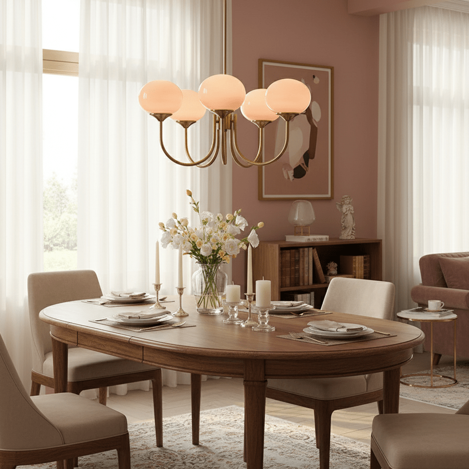 Chandelier Moktan Sabai Marshmallow pink hand-sprayed glass bubbles, brass finish on Tampa Home & Garden Store