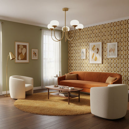 Marshmallow chandelier with brass gold finish and white glass bubble shades in living room on Tampa Home & Garden Store