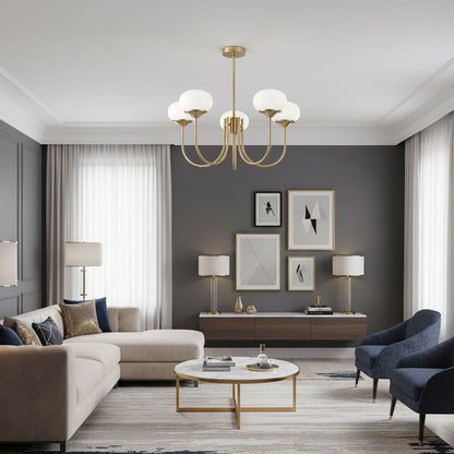 Marshmallow chandelier with hand-sprayed pink glass bubbles, gold finish in a modern living room on Tampa Home & Garden Store