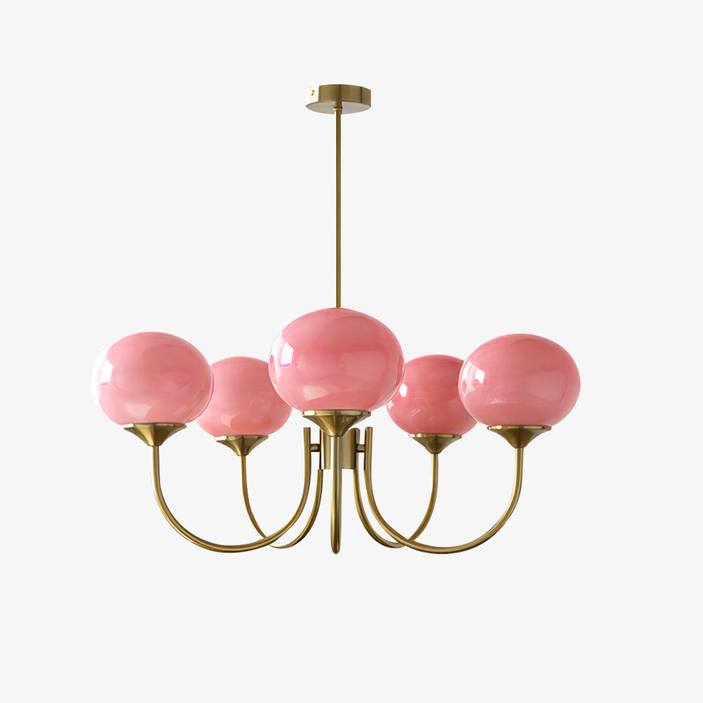 Chandelier Moktan Sabai Marshmallow five pink hand-sprayed glass bubble shades brass frame on Tampa Home & Garden Store