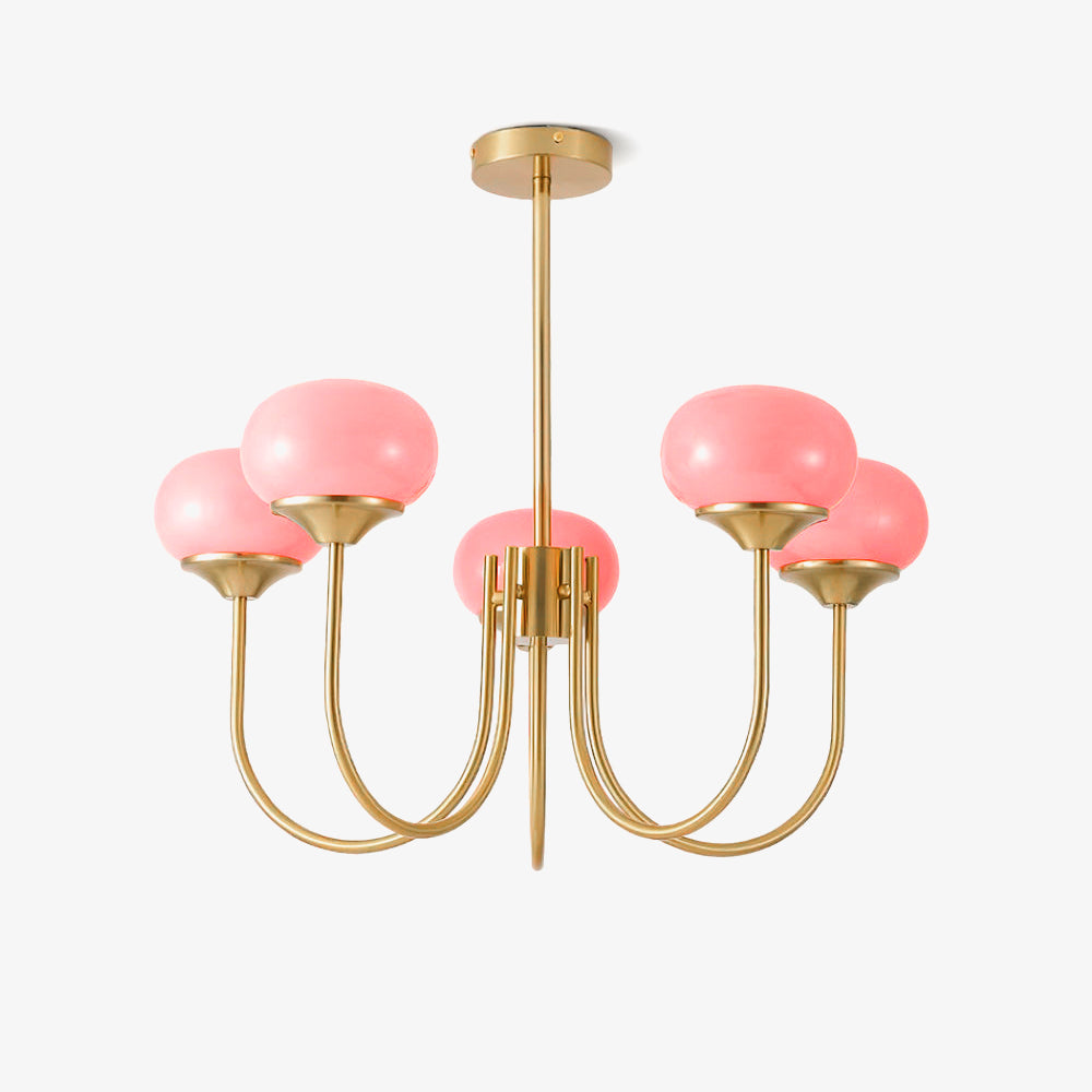 Chandelier Marshmallow bubble with pink shades, brass arms, 5-light Moktan Sabai on Tampa Home & Garden Store