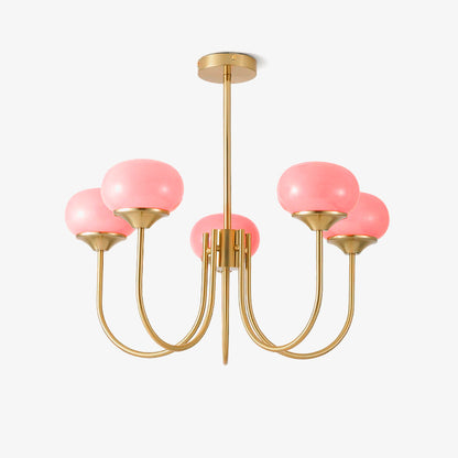 Chandelier Marshmallow bubble with pink shades, brass arms, 5-light Moktan Sabai on Tampa Home & Garden Store