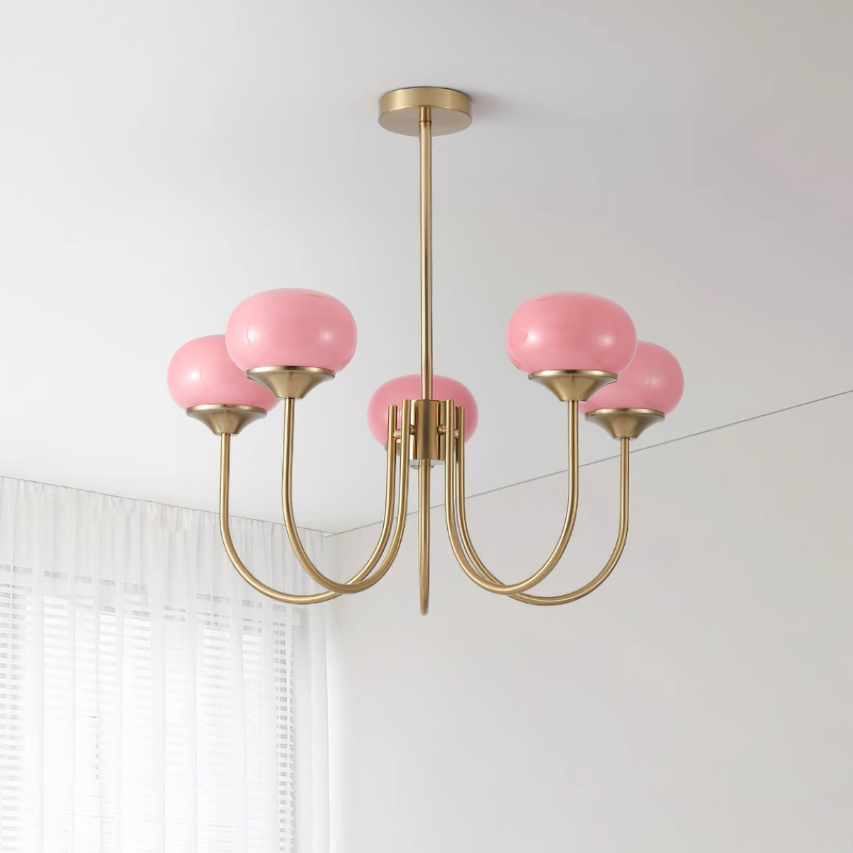 Marshmallow chandelier with six pink glass bubble shades on gold brass arms Moktan Sabai on Tampa Home & Garden Store
